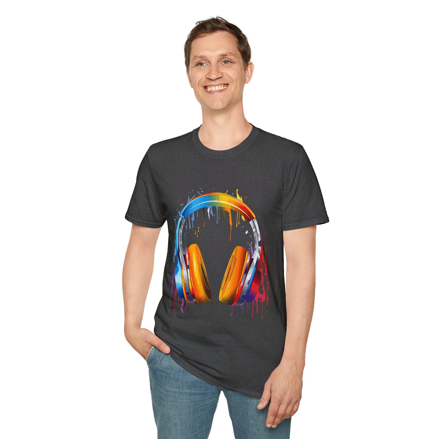 Vibrant Paint Splash Headphones, Unisex Softstyle T-Shirt design #8