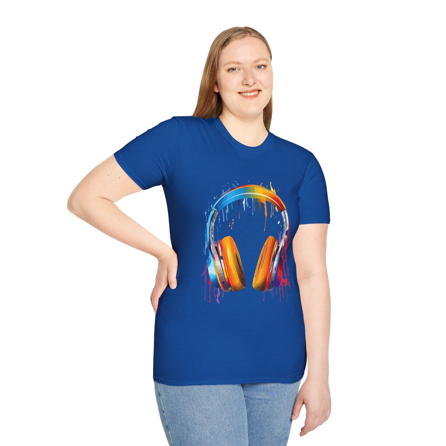 Vibrant Paint Splash Headphones, Unisex Softstyle T-Shirt design #8