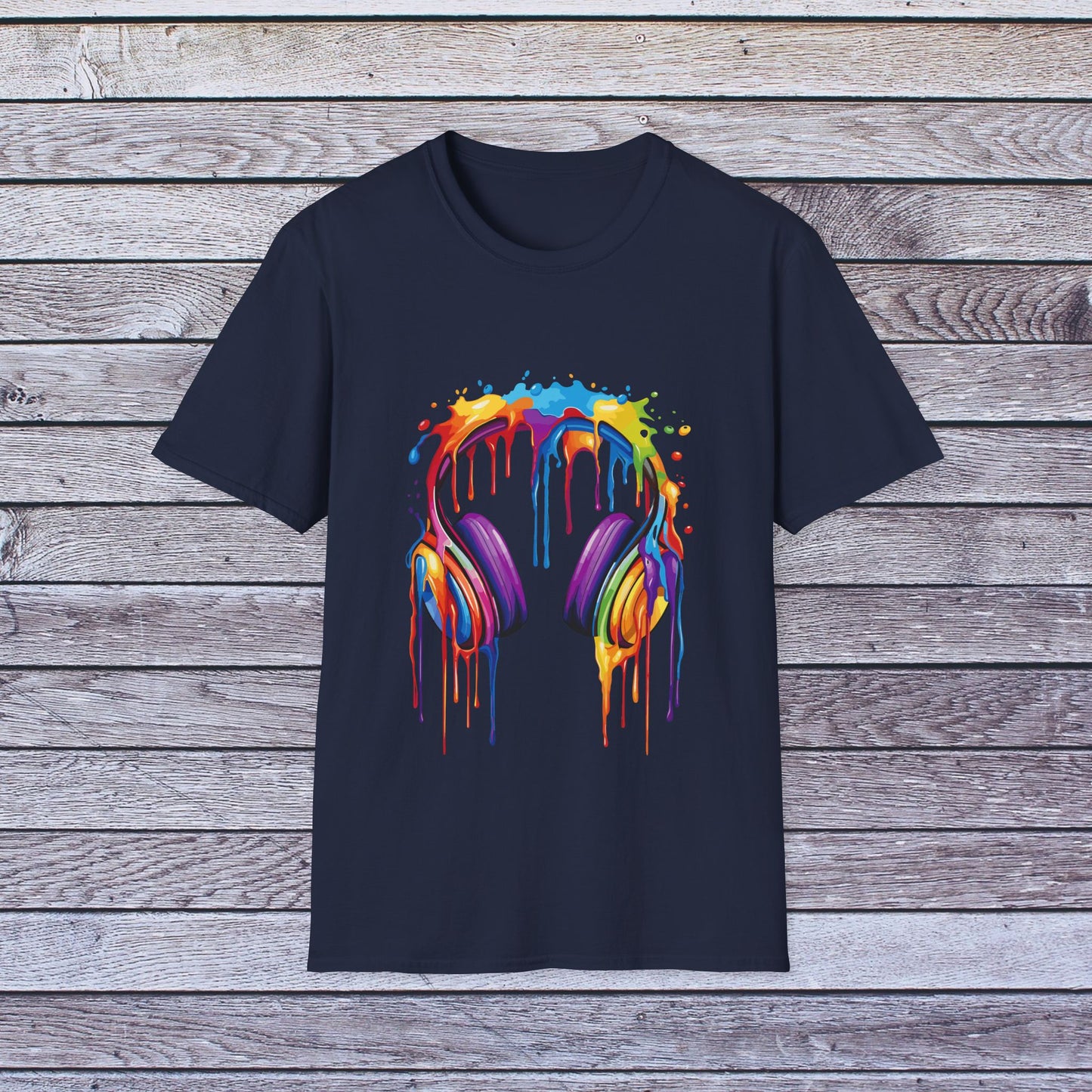 Vibrant Paint Splash Headphones, Unisex Softstyle T-Shirt design #1