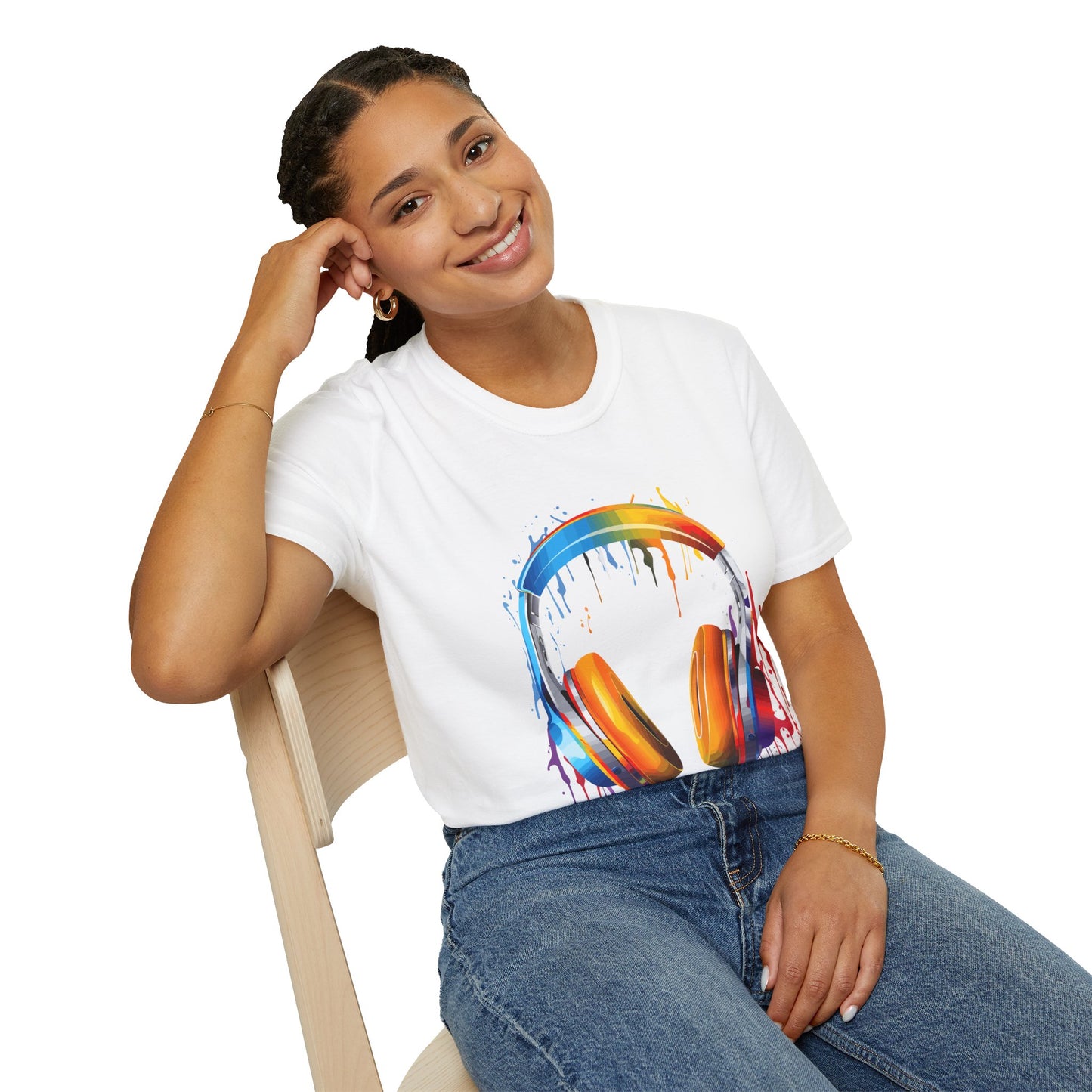 Vibrant Paint Splash Headphones, Unisex Softstyle T-Shirt design #8