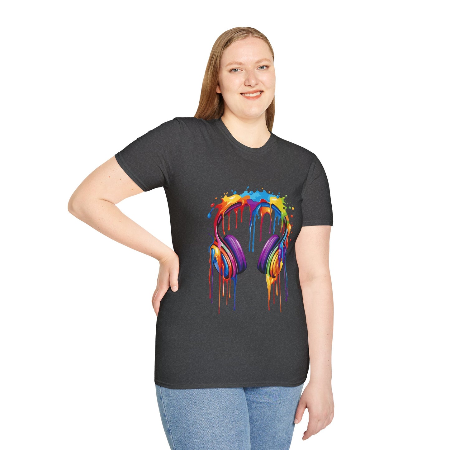 Vibrant Paint Splash Headphones, Unisex Softstyle T-Shirt design #1