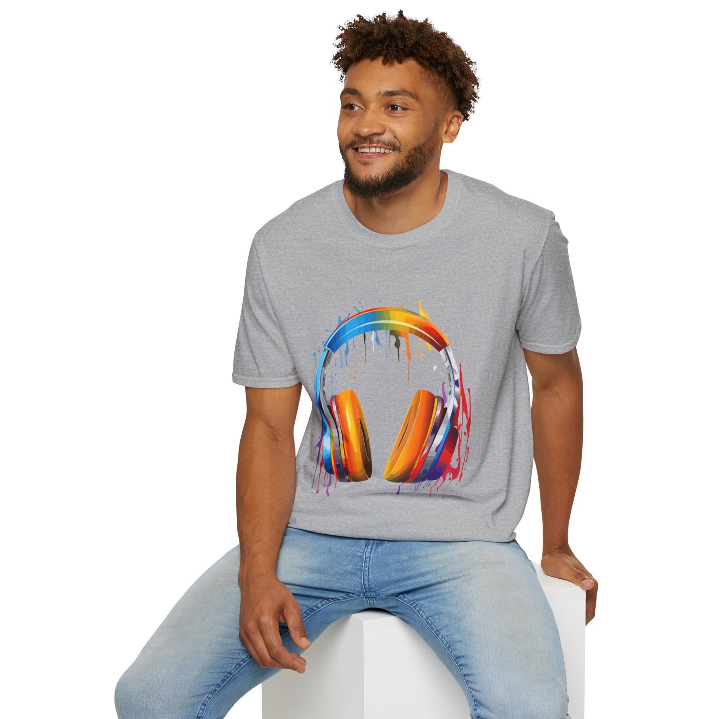 Vibrant Paint Splash Headphones, Unisex Softstyle T-Shirt design #8