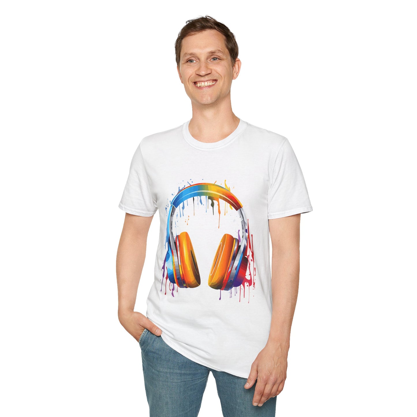 Vibrant Paint Splash Headphones, Unisex Softstyle T-Shirt design #8
