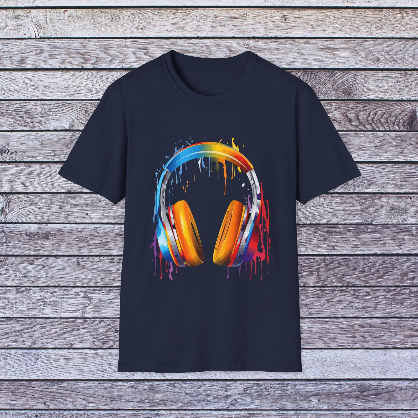 Vibrant Paint Splash Headphones, Unisex Softstyle T-Shirt design #8