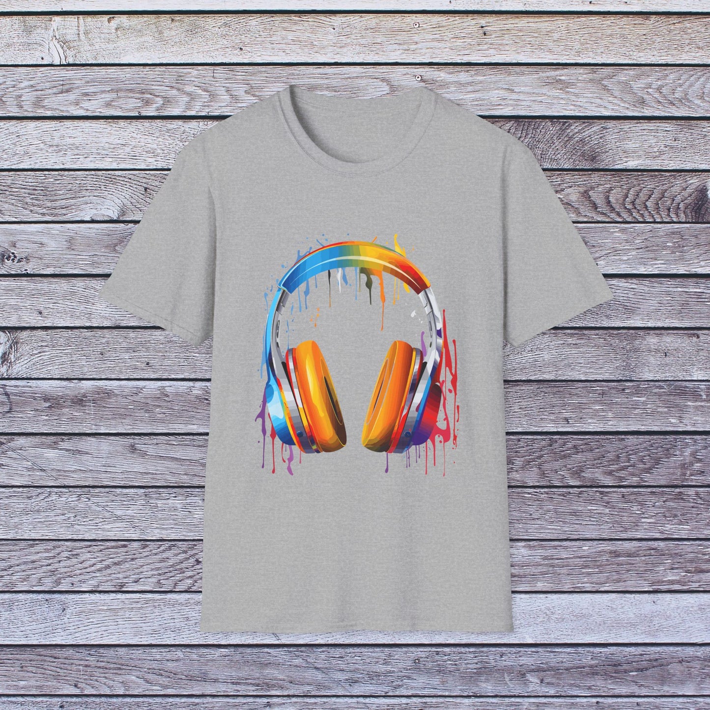 Vibrant Paint Splash Headphones, Unisex Softstyle T-Shirt design #8