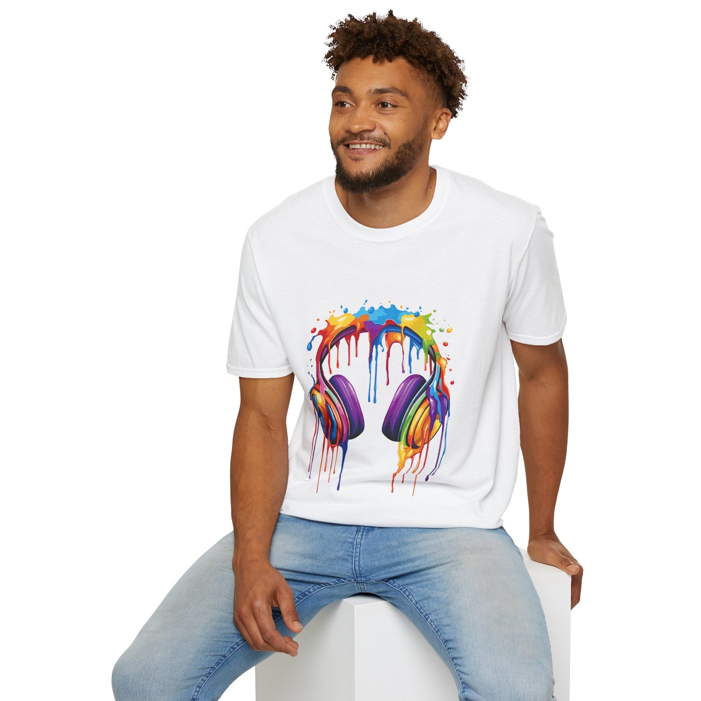 Vibrant Paint Splash Headphones, Unisex Softstyle T-Shirt design #1