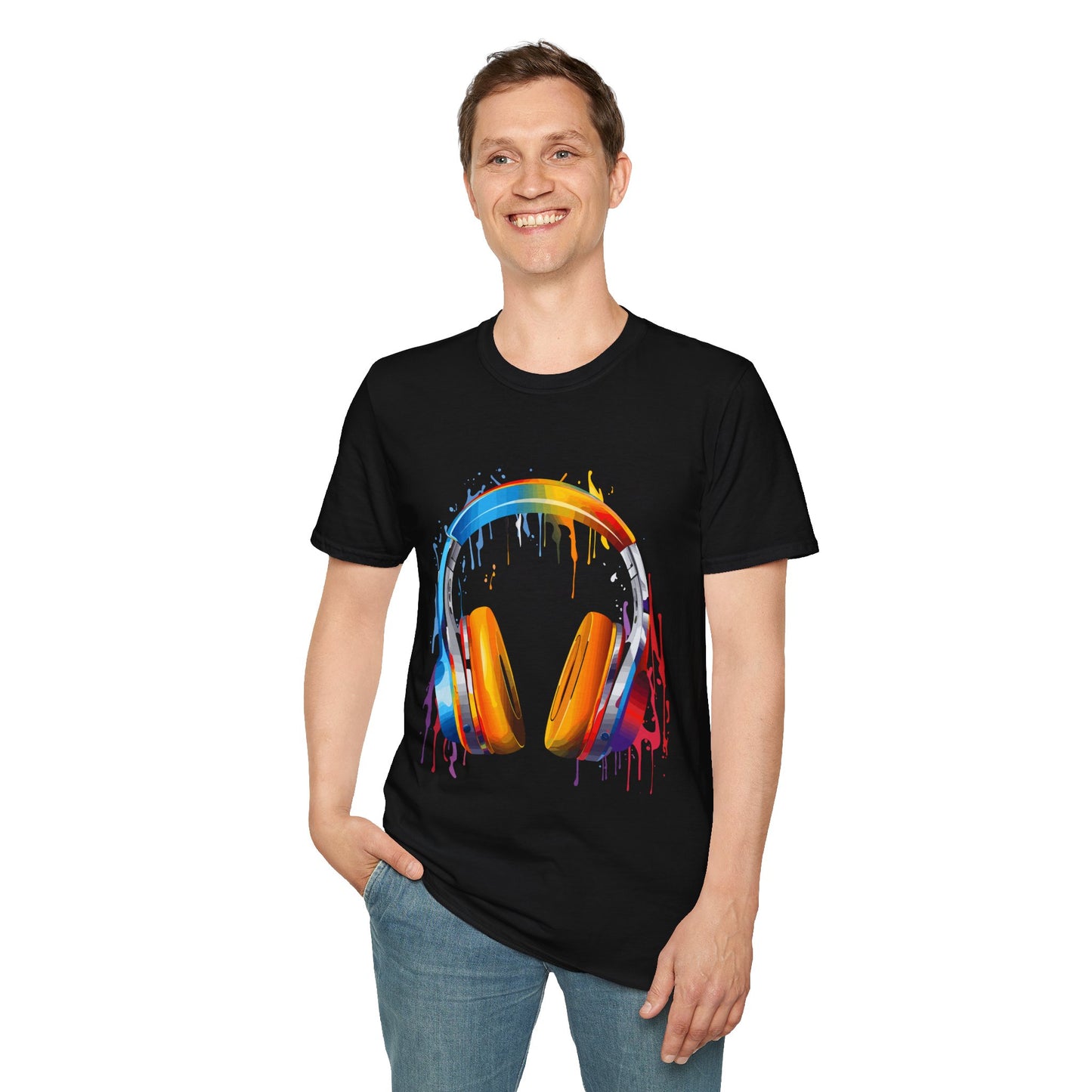 Vibrant Paint Splash Headphones, Unisex Softstyle T-Shirt design #8