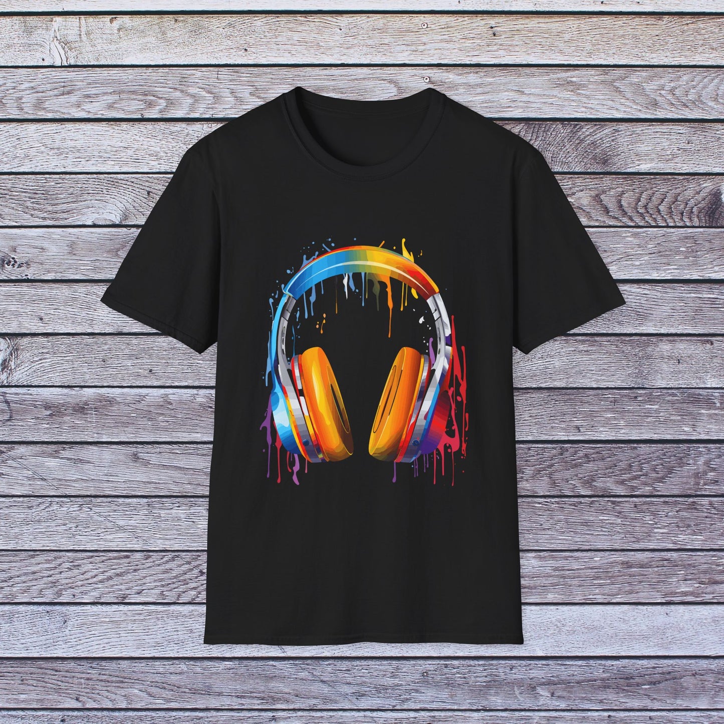 Vibrant Paint Splash Headphones, Unisex Softstyle T-Shirt design #8