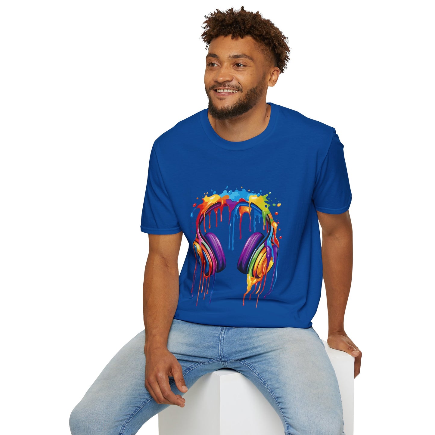 Vibrant Paint Splash Headphones, Unisex Softstyle T-Shirt design #1