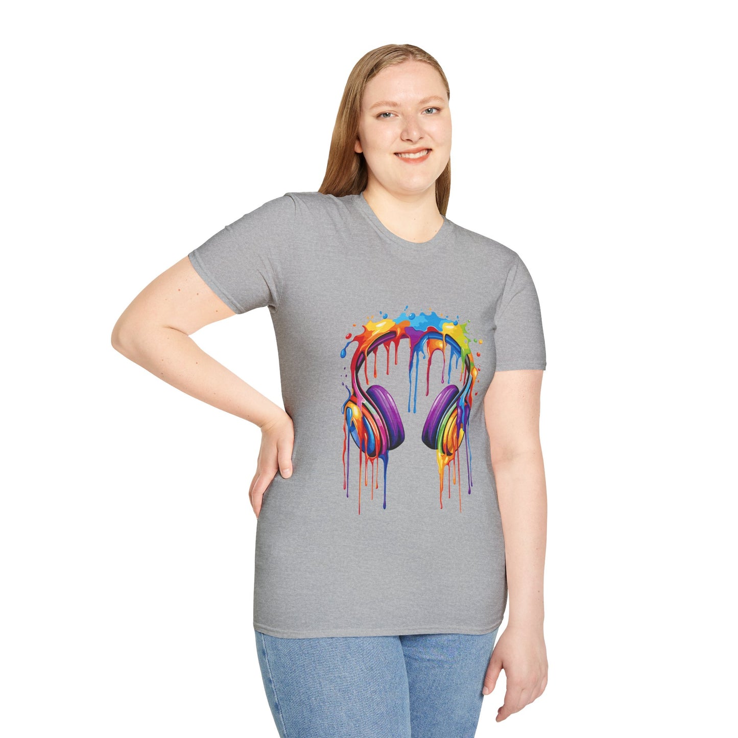 Vibrant Paint Splash Headphones, Unisex Softstyle T-Shirt design #1