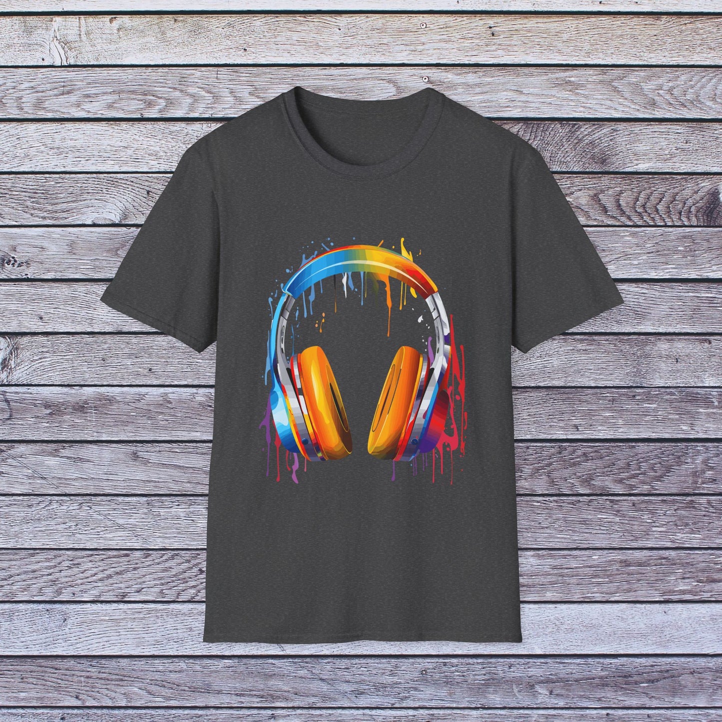 Vibrant Paint Splash Headphones, Unisex Softstyle T-Shirt design #8