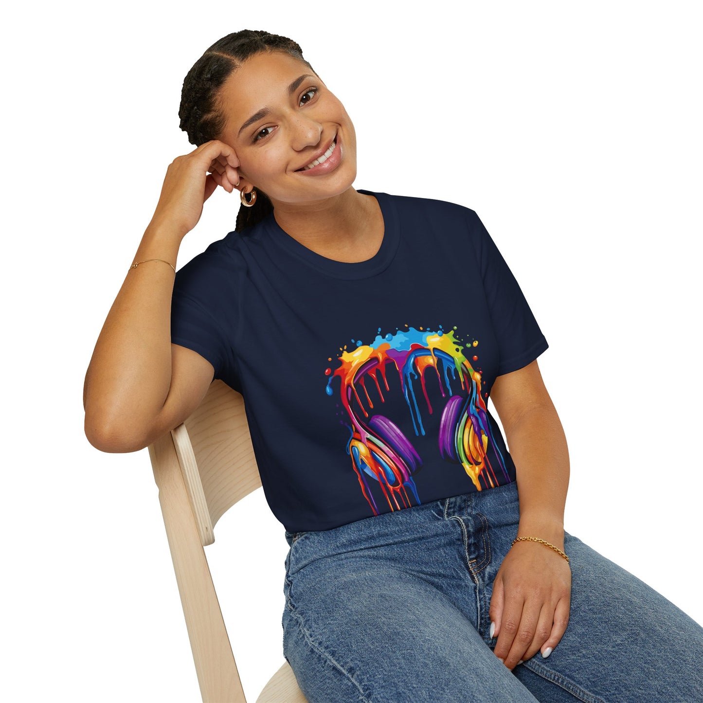 Vibrant Paint Splash Headphones, Unisex Softstyle T-Shirt design #1