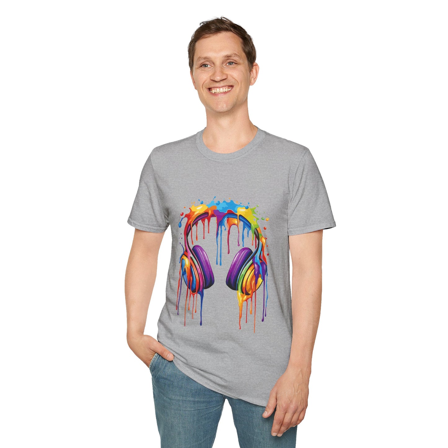 Vibrant Paint Splash Headphones, Unisex Softstyle T-Shirt design #1