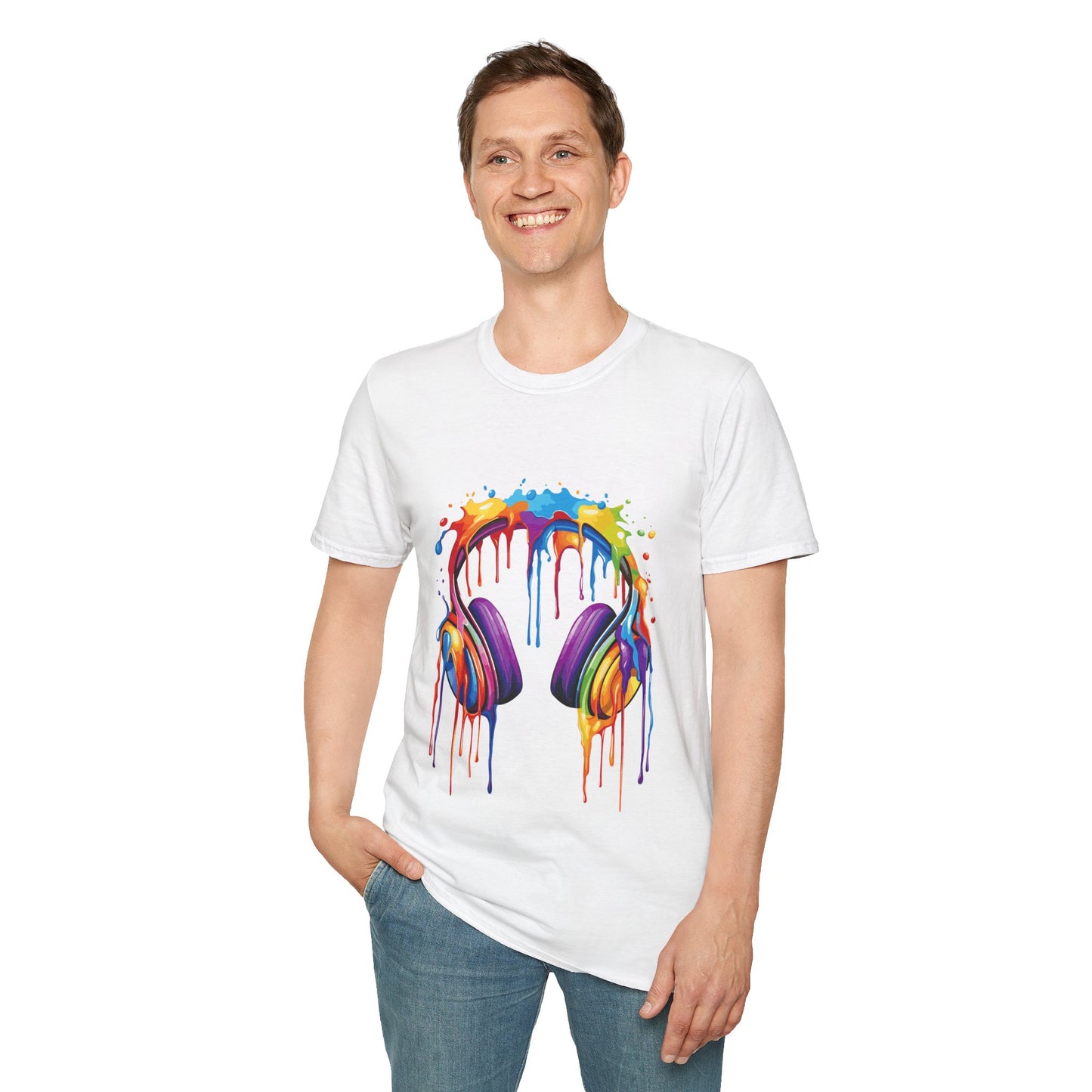 Vibrant Paint Splash Headphones, Unisex Softstyle T-Shirt design #1