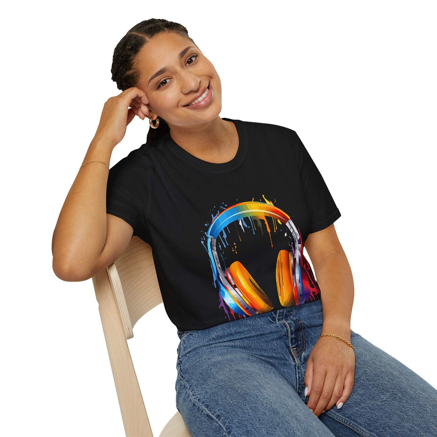 Vibrant Paint Splash Headphones, Unisex Softstyle T-Shirt design #8