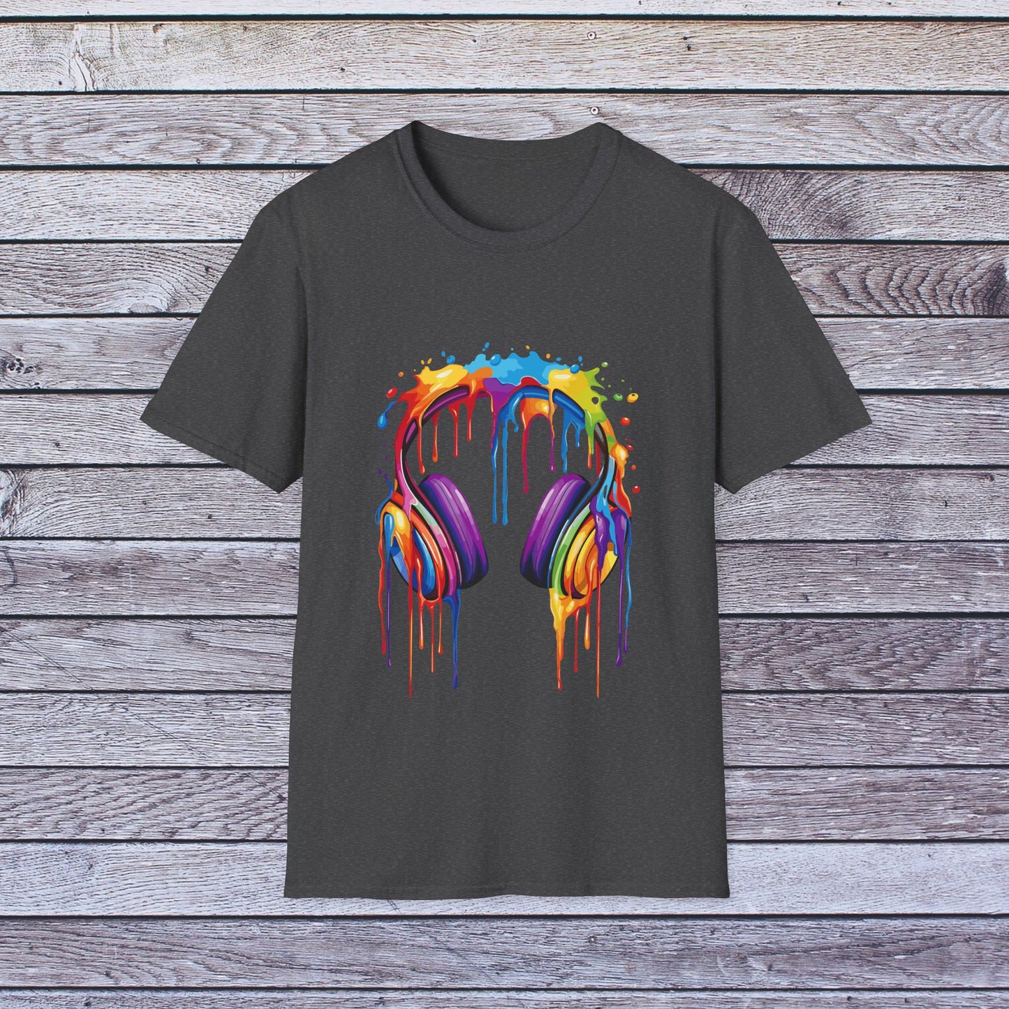 Vibrant Paint Splash Headphones, Unisex Softstyle T-Shirt design #1