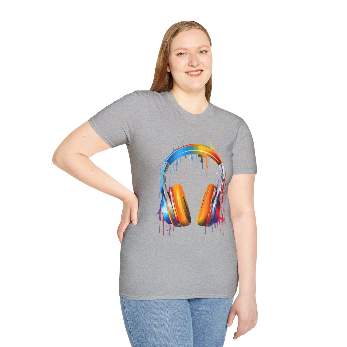 Vibrant Paint Splash Headphones, Unisex Softstyle T-Shirt design #8