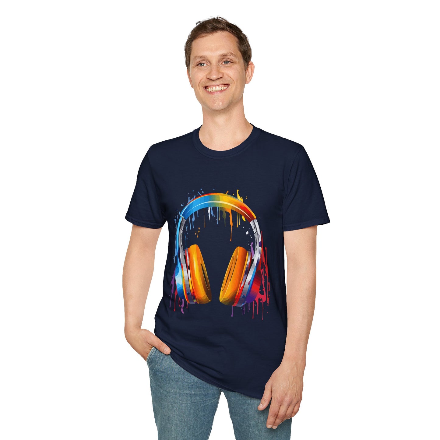 Vibrant Paint Splash Headphones, Unisex Softstyle T-Shirt design #8