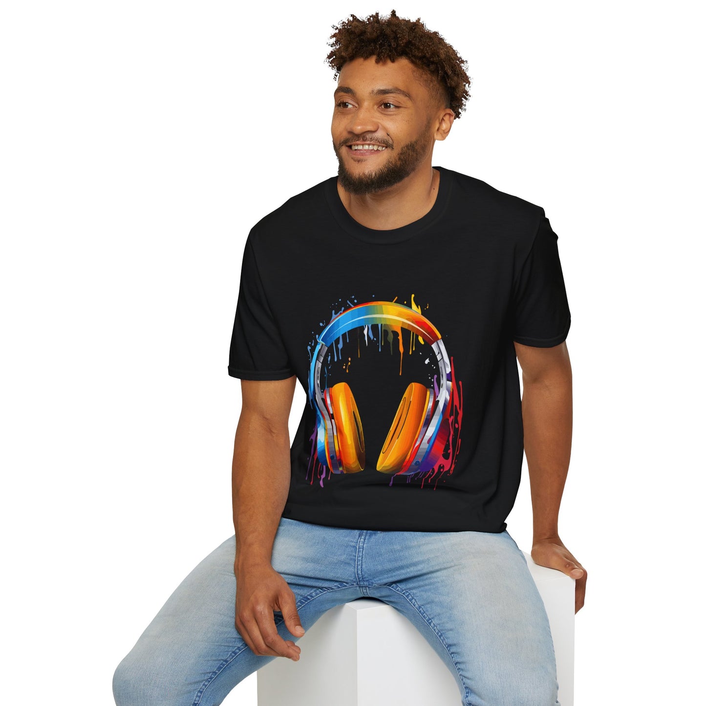 Vibrant Paint Splash Headphones, Unisex Softstyle T-Shirt design #8
