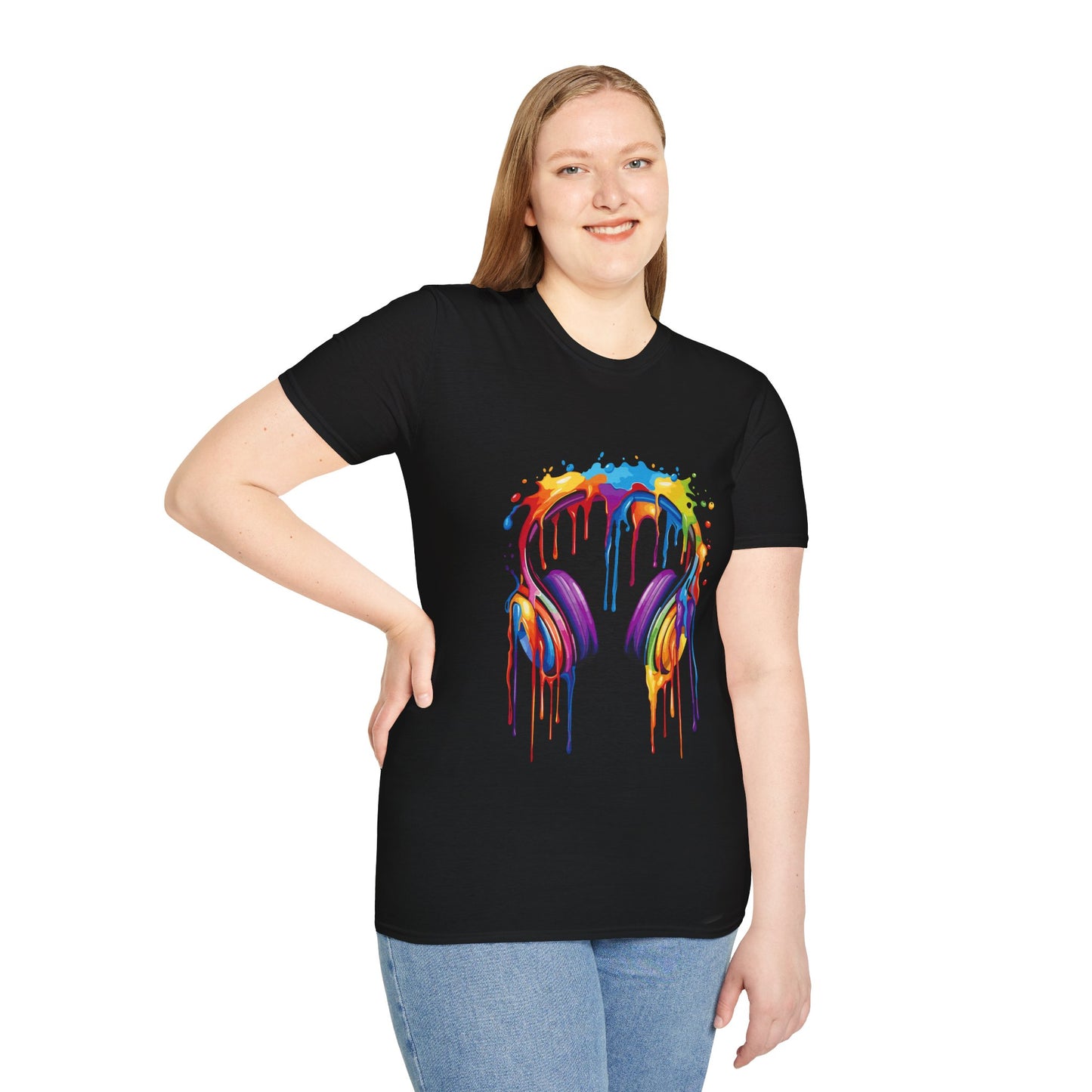 Vibrant Paint Splash Headphones, Unisex Softstyle T-Shirt design #1