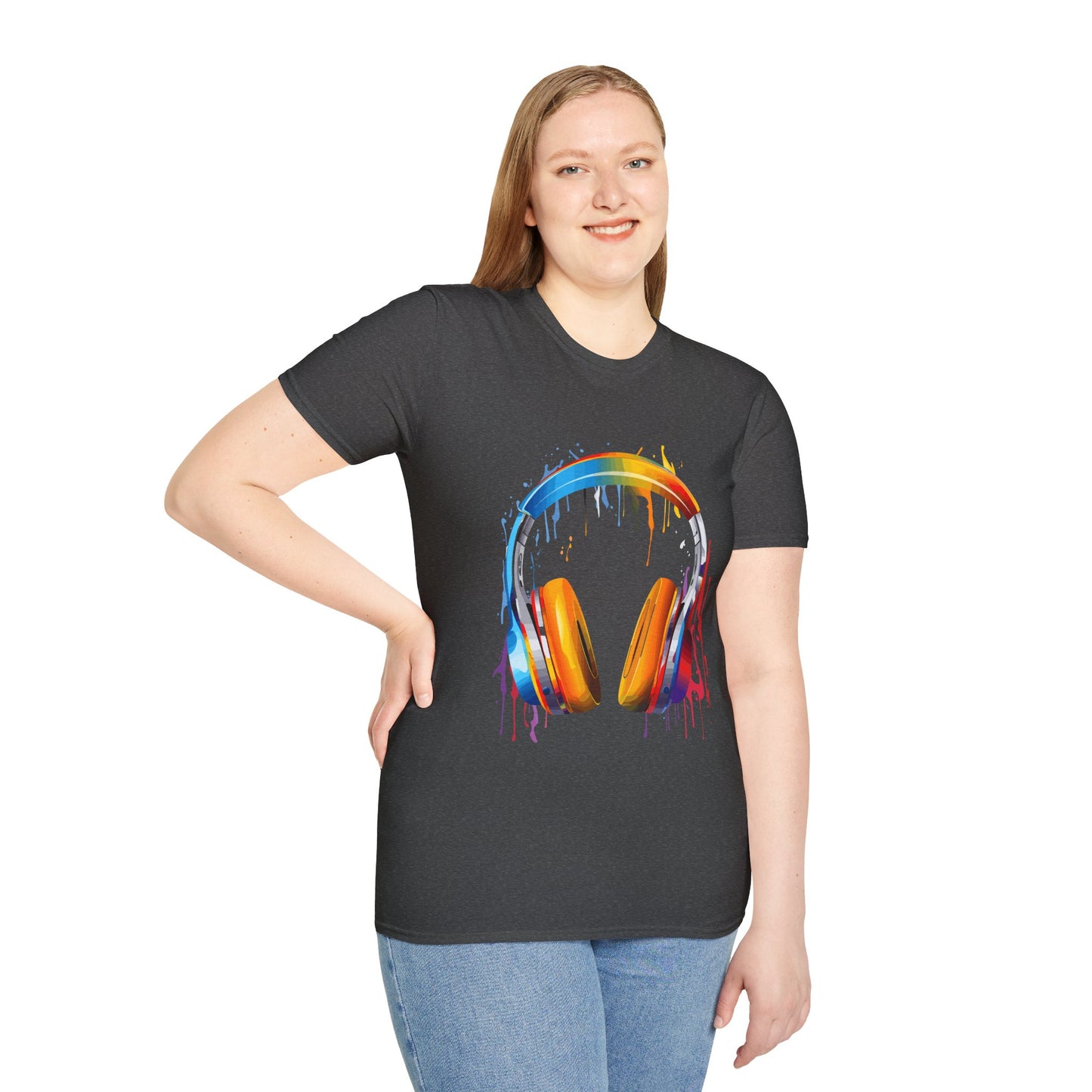 Vibrant Paint Splash Headphones, Unisex Softstyle T-Shirt design #8