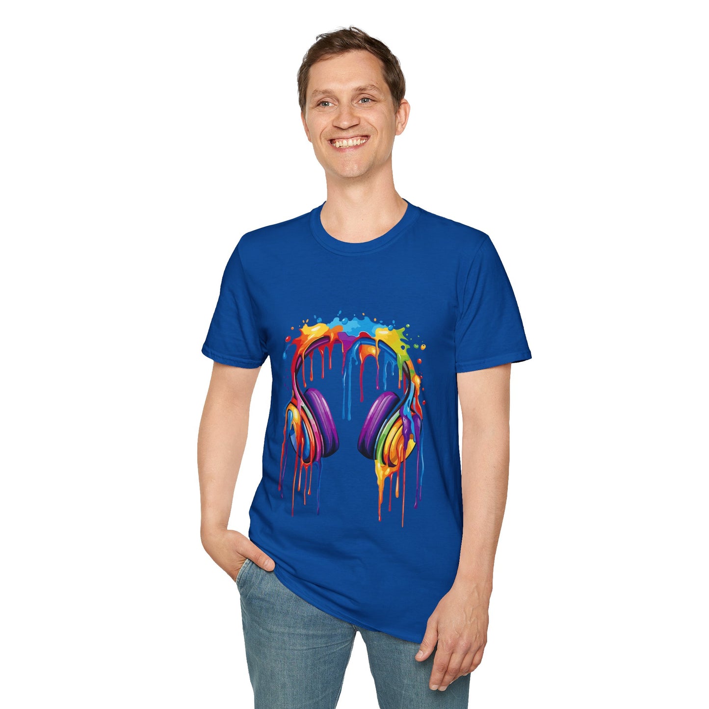 Vibrant Paint Splash Headphones, Unisex Softstyle T-Shirt design #1
