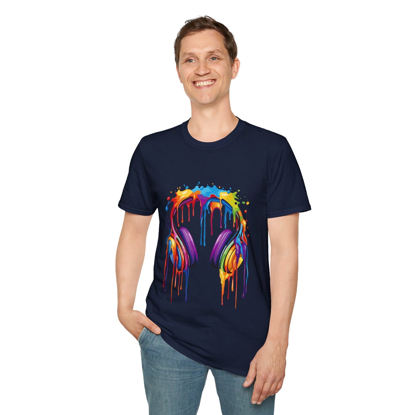Vibrant Paint Splash Headphones, Unisex Softstyle T-Shirt design #1