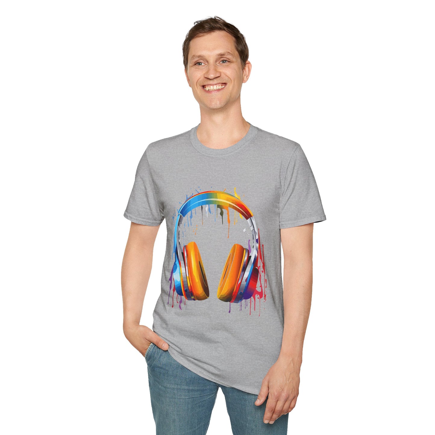 Vibrant Paint Splash Headphones, Unisex Softstyle T-Shirt design #8