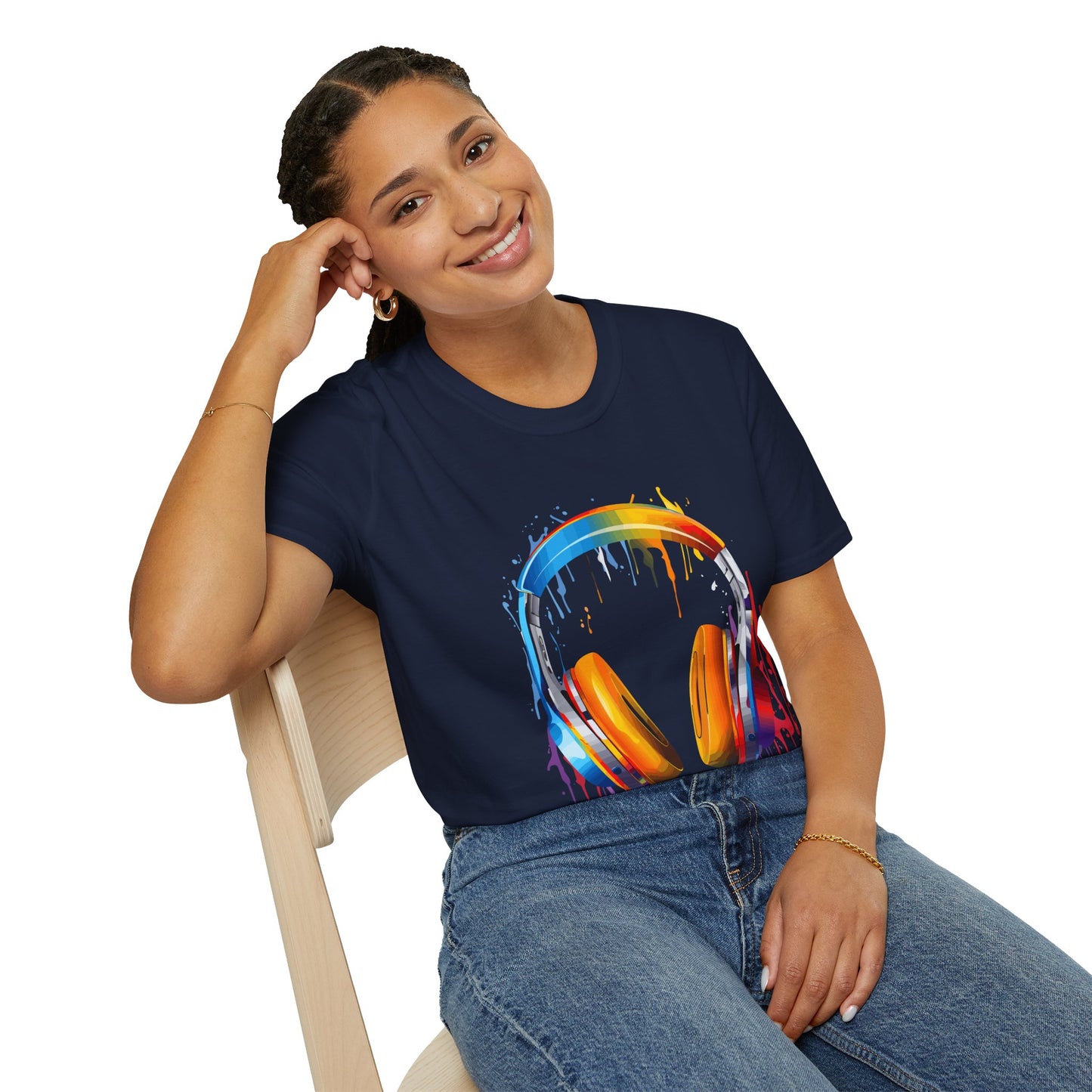 Vibrant Paint Splash Headphones, Unisex Softstyle T-Shirt design #8