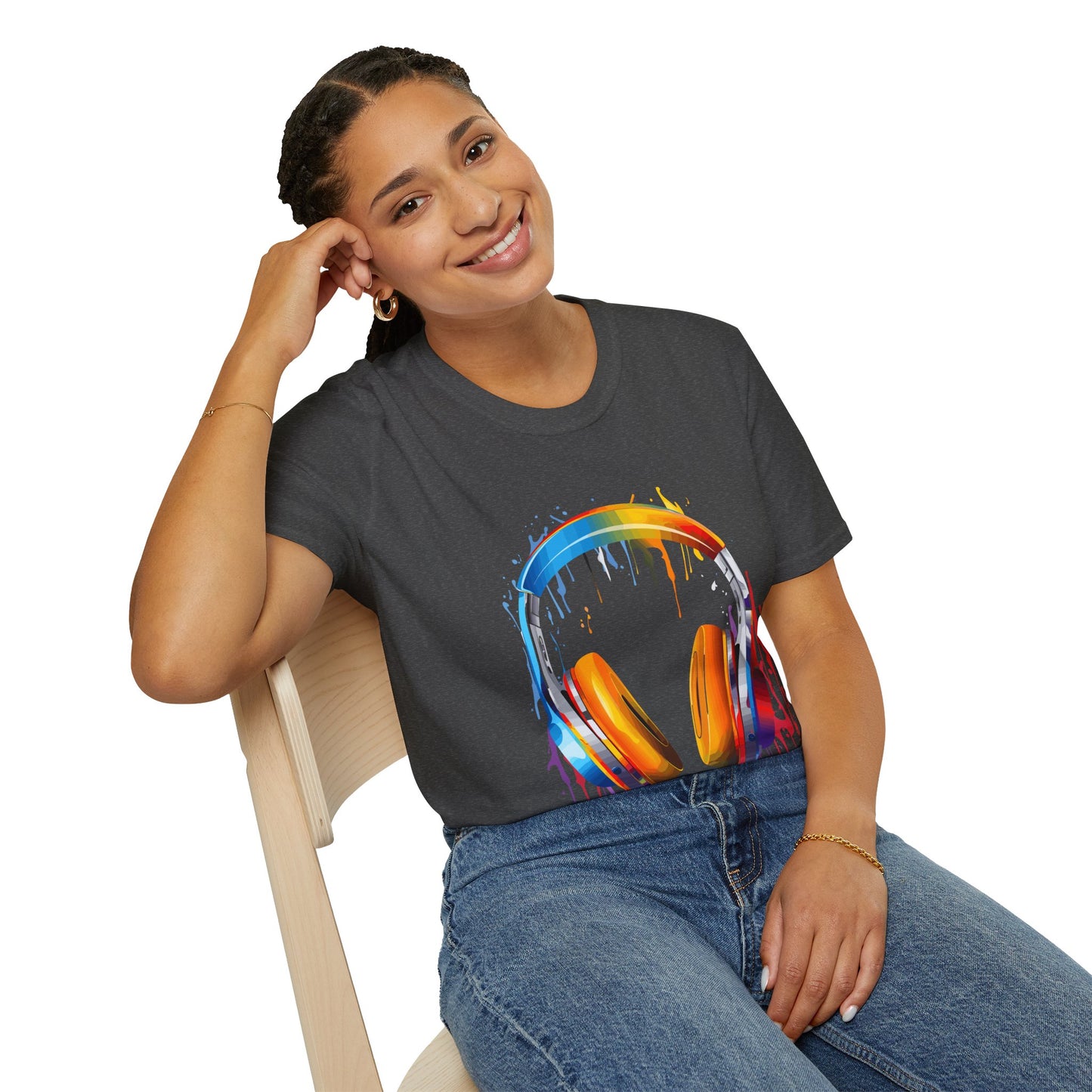 Vibrant Paint Splash Headphones, Unisex Softstyle T-Shirt design #8