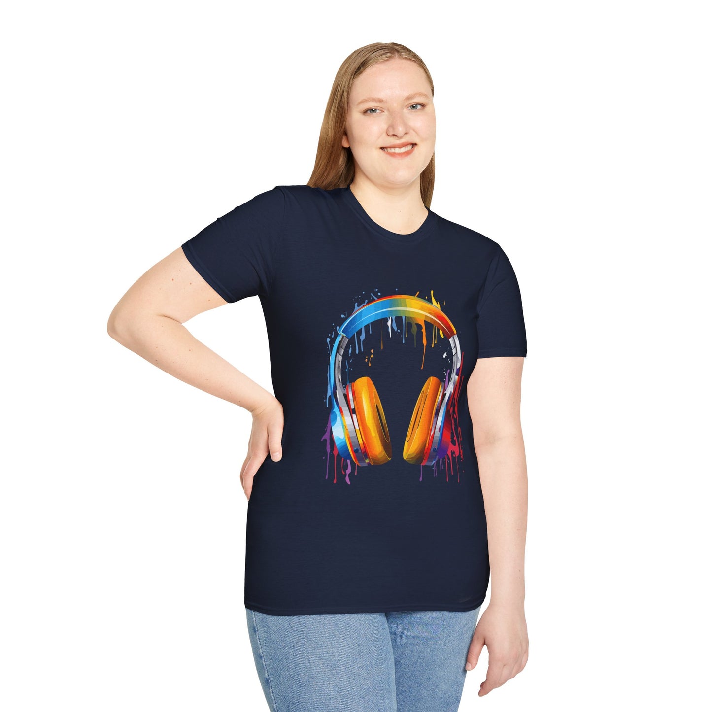 Vibrant Paint Splash Headphones, Unisex Softstyle T-Shirt design #8
