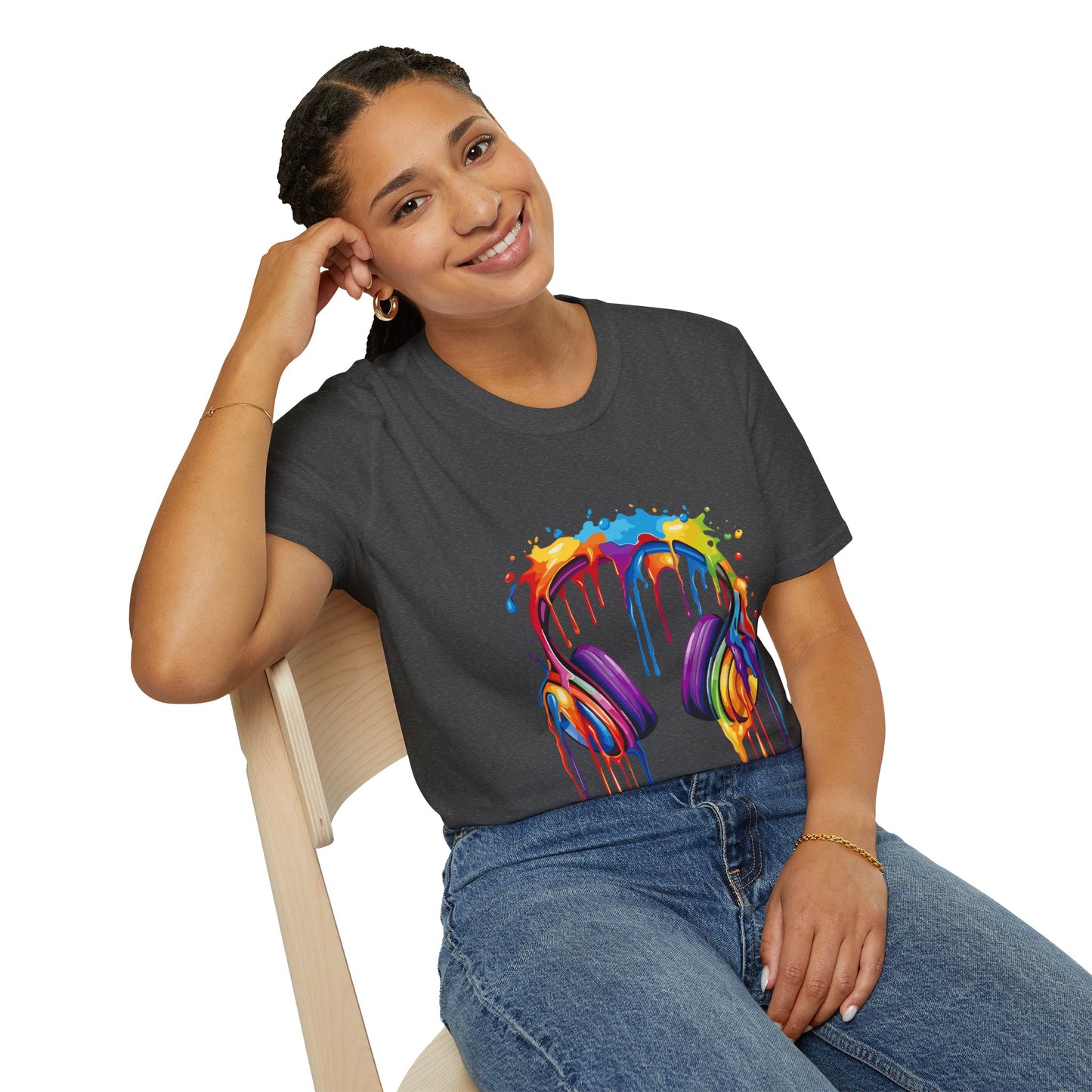 Vibrant Paint Splash Headphones, Unisex Softstyle T-Shirt design #1