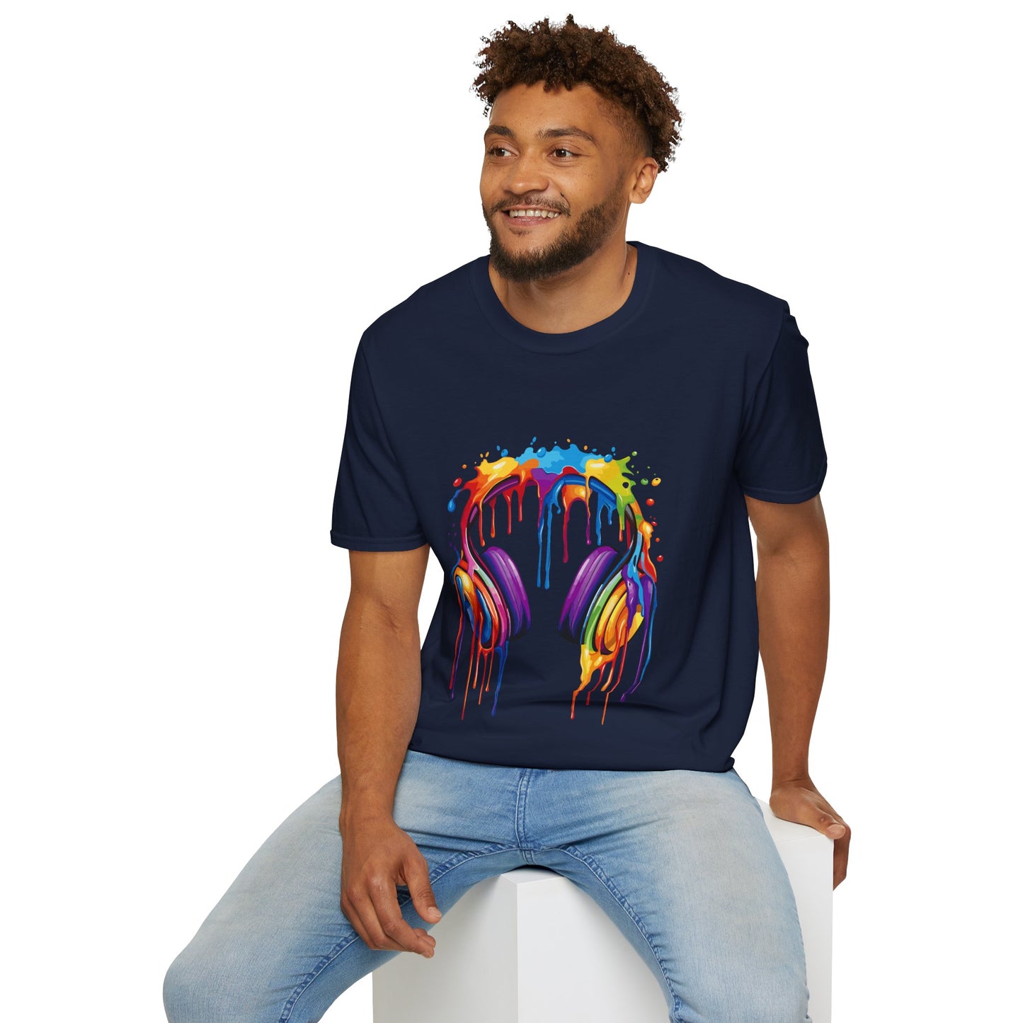 Vibrant Paint Splash Headphones, Unisex Softstyle T-Shirt design #1