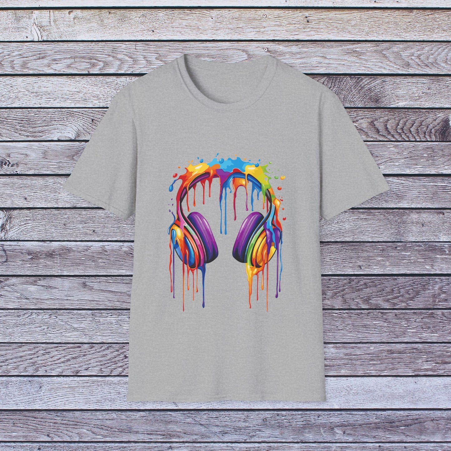 Vibrant Paint Splash Headphones, Unisex Softstyle T-Shirt design #1
