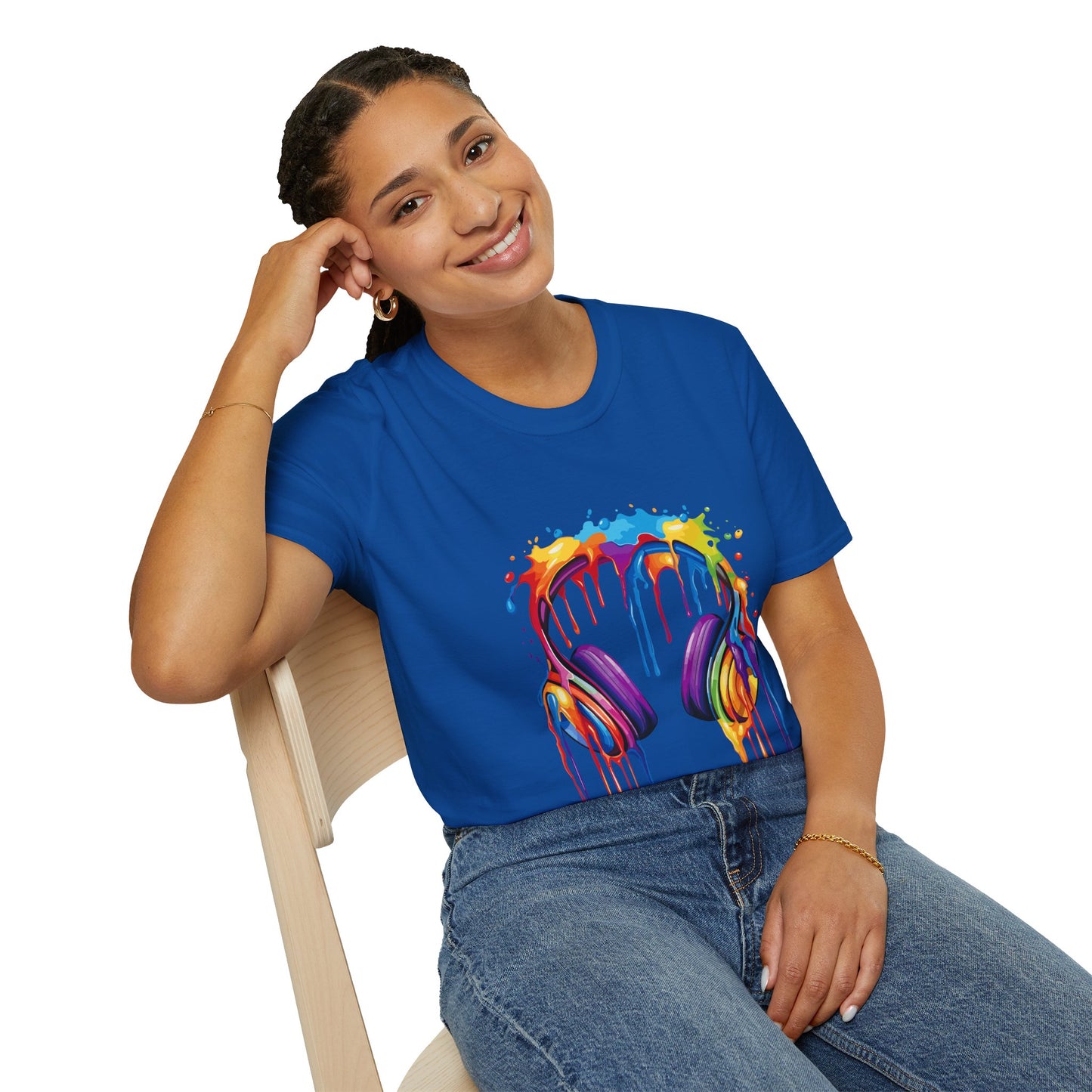Vibrant Paint Splash Headphones, Unisex Softstyle T-Shirt design #1