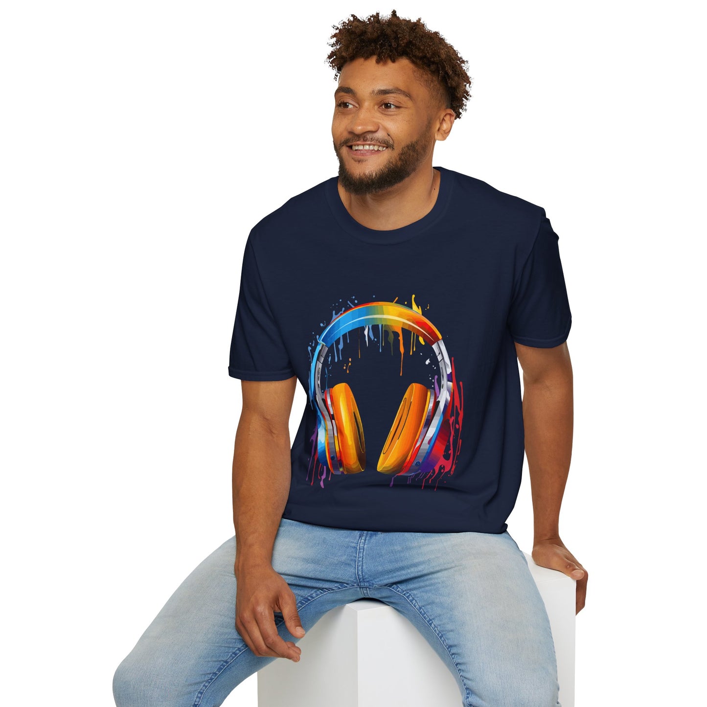 Vibrant Paint Splash Headphones, Unisex Softstyle T-Shirt design #8
