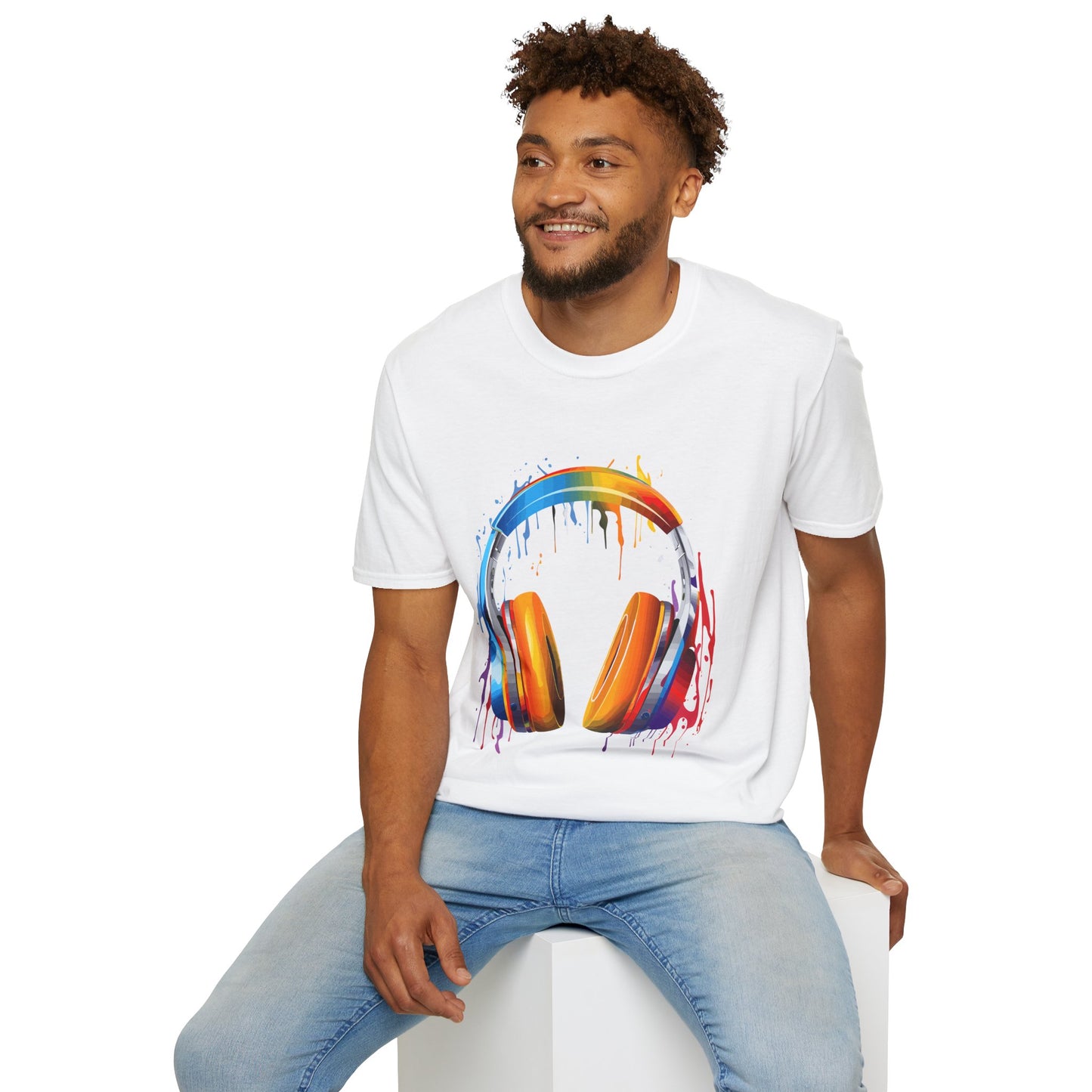 Vibrant Paint Splash Headphones, Unisex Softstyle T-Shirt design #8