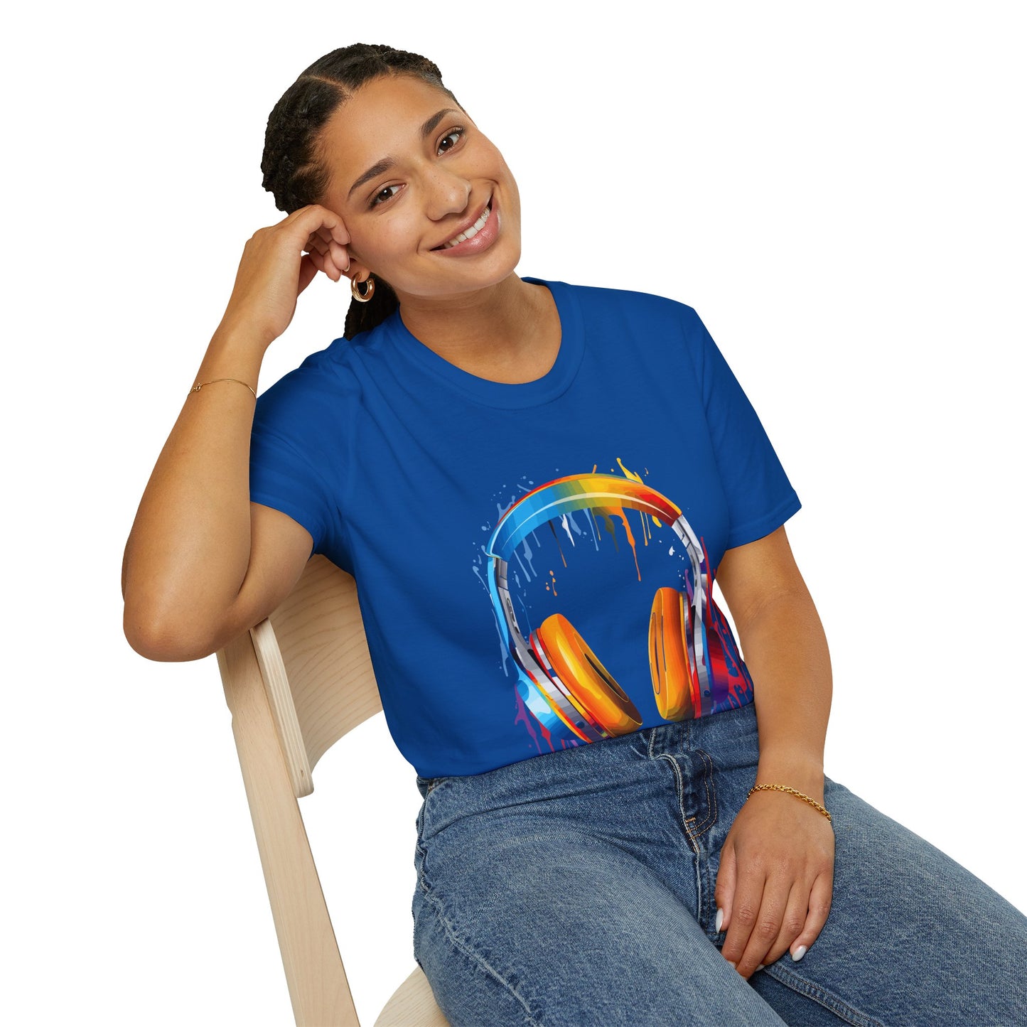 Vibrant Paint Splash Headphones, Unisex Softstyle T-Shirt design #8
