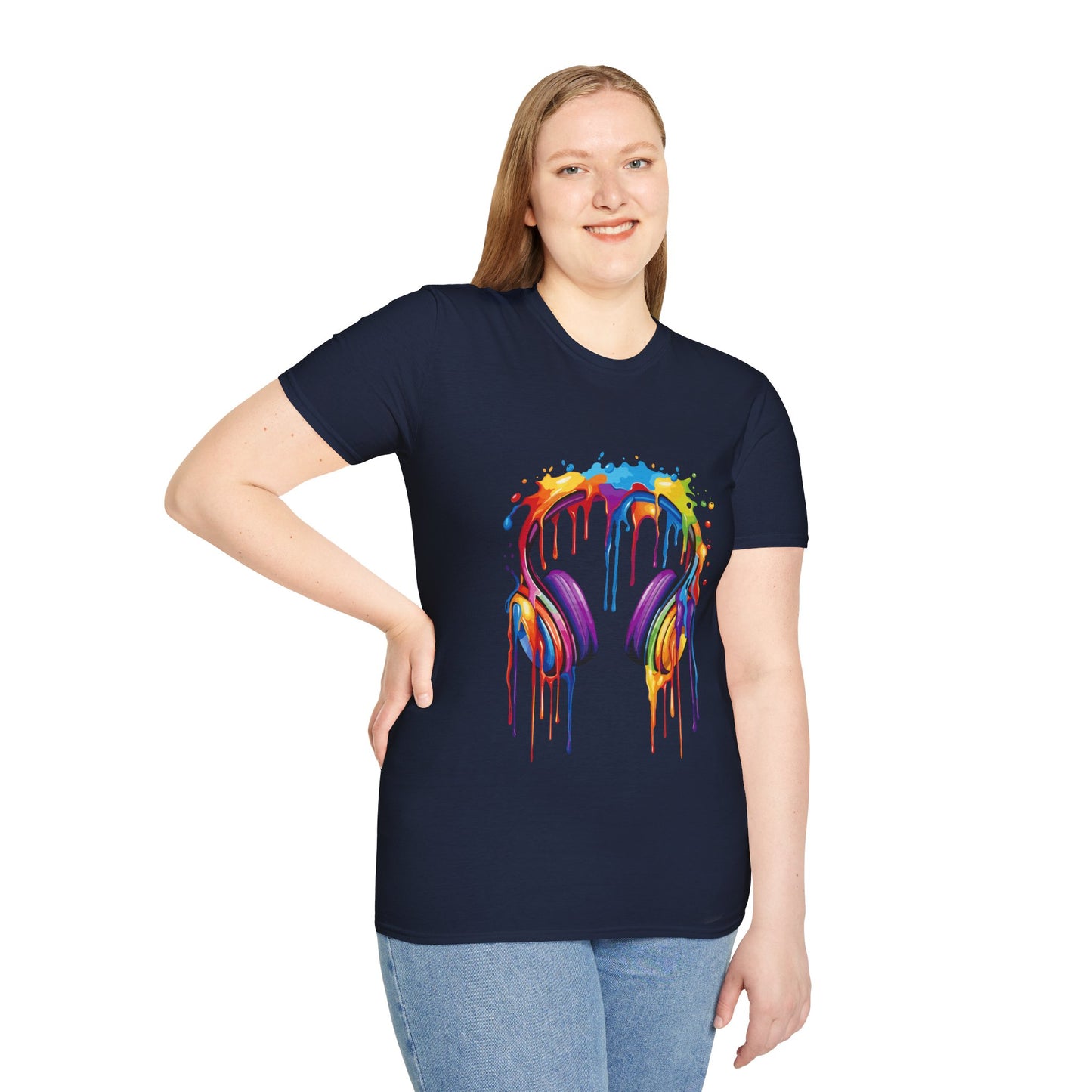 Vibrant Paint Splash Headphones, Unisex Softstyle T-Shirt design #1