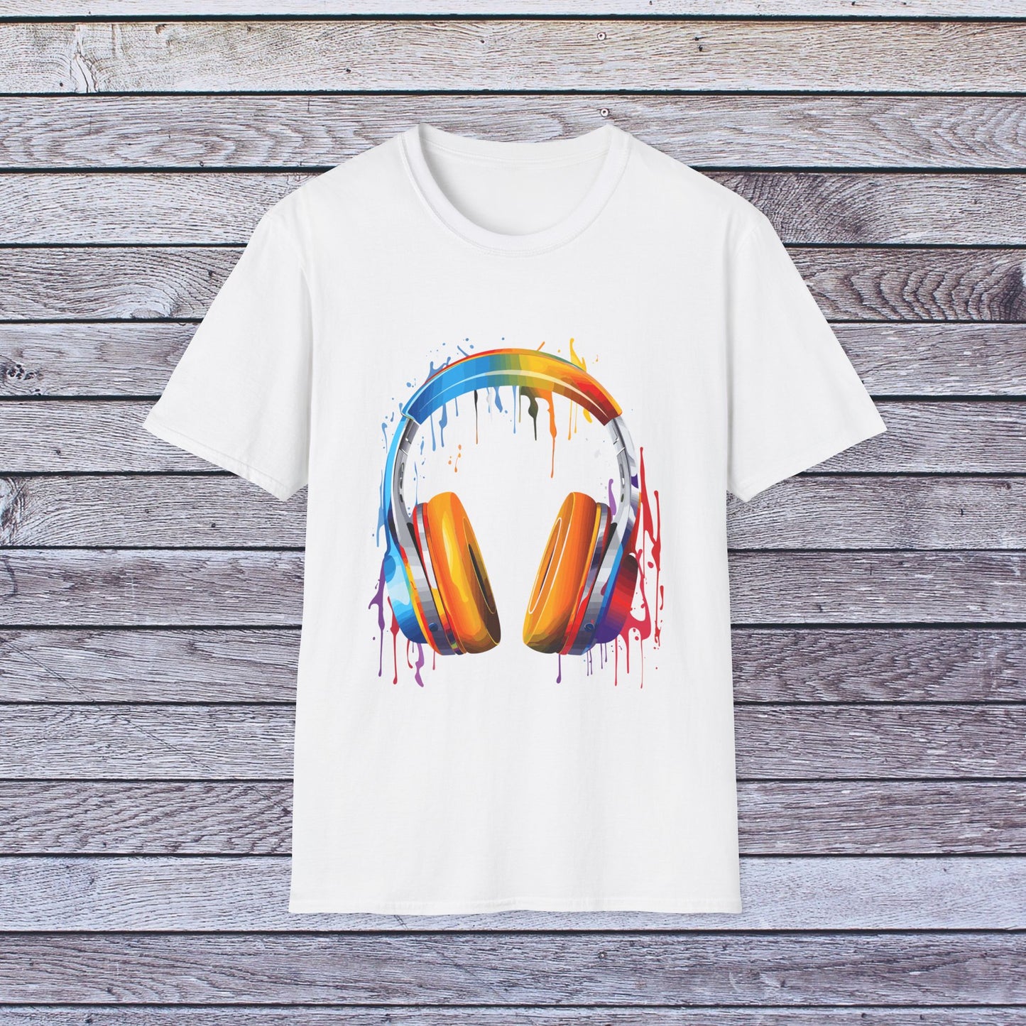 Vibrant Paint Splash Headphones, Unisex Softstyle T-Shirt design #8