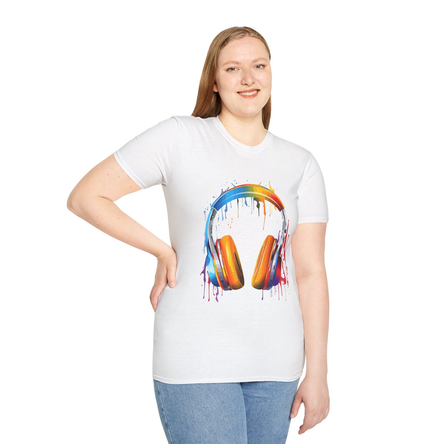 Vibrant Paint Splash Headphones, Unisex Softstyle T-Shirt design #8