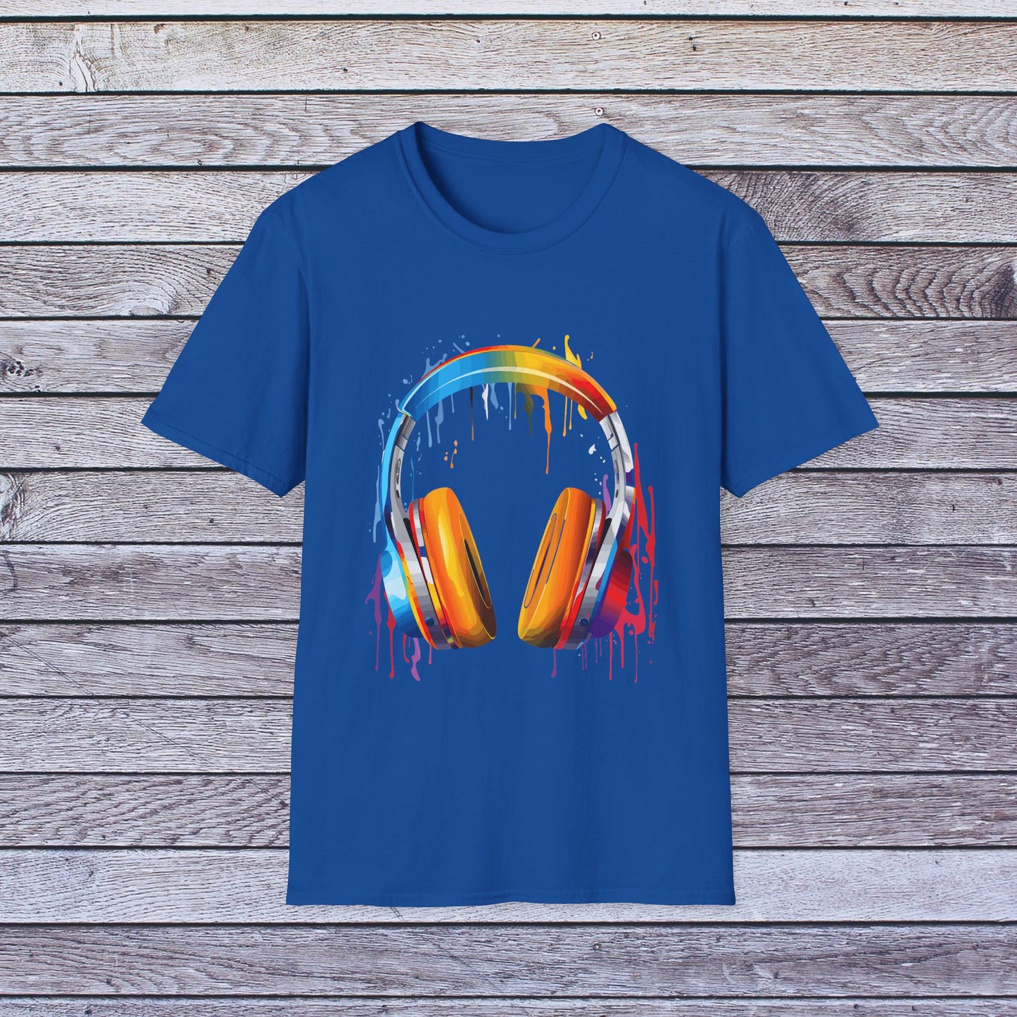Vibrant Paint Splash Headphones, Unisex Softstyle T-Shirt design #8