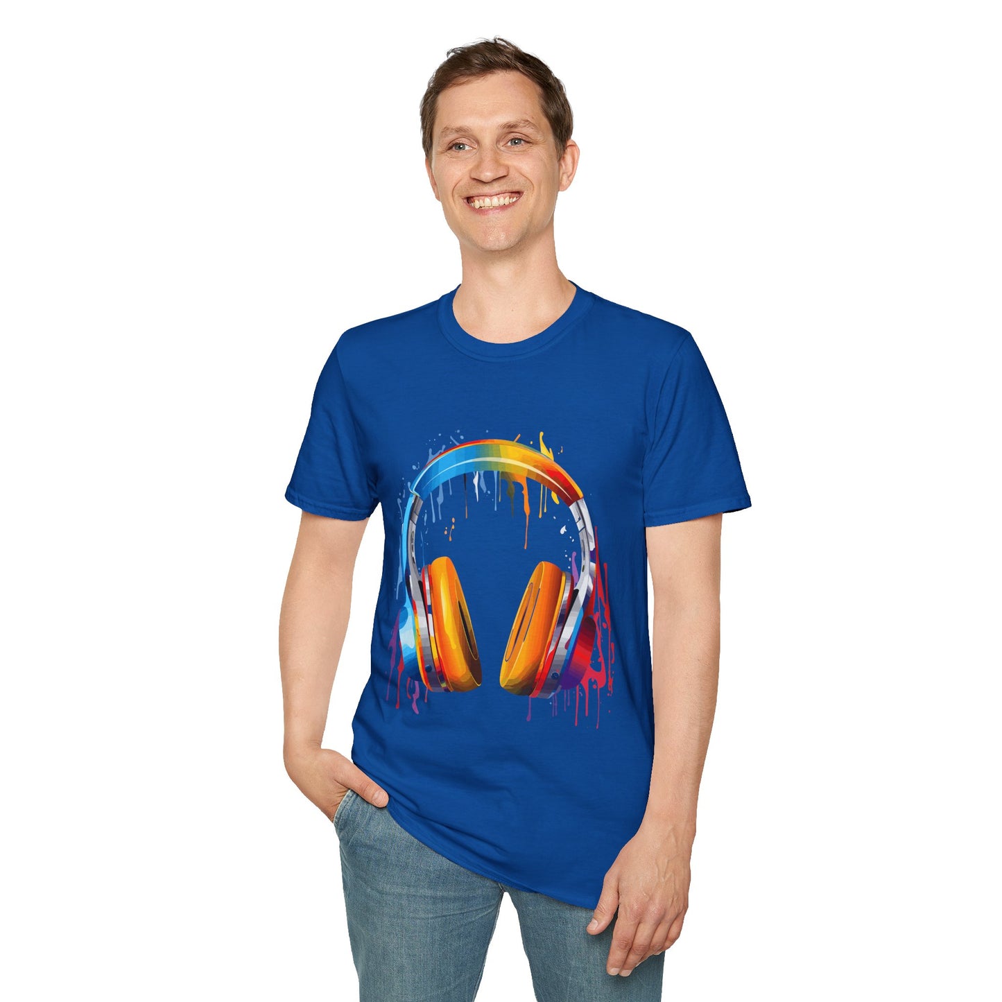 Vibrant Paint Splash Headphones, Unisex Softstyle T-Shirt design #8