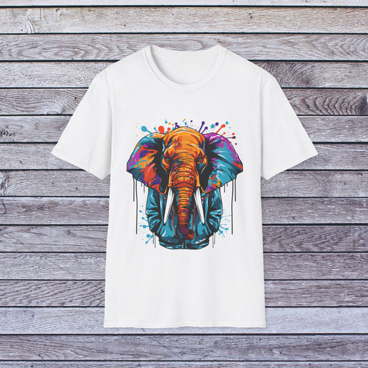 Vibrant Paint Splash Elephant In Hoodie Unisex Softstyle T-Shirt