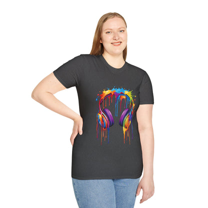 Vibrant Paint Splash Headphones, Unisex Softstyle T-Shirt design #1