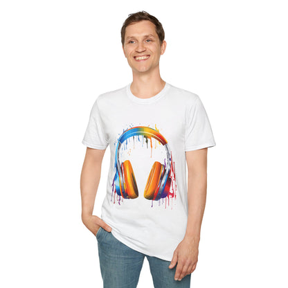 Vibrant Paint Splash Headphones, Unisex Softstyle T-Shirt design #8