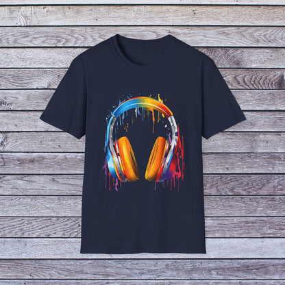 Vibrant Paint Splash Headphones, Unisex Softstyle T-Shirt design #8