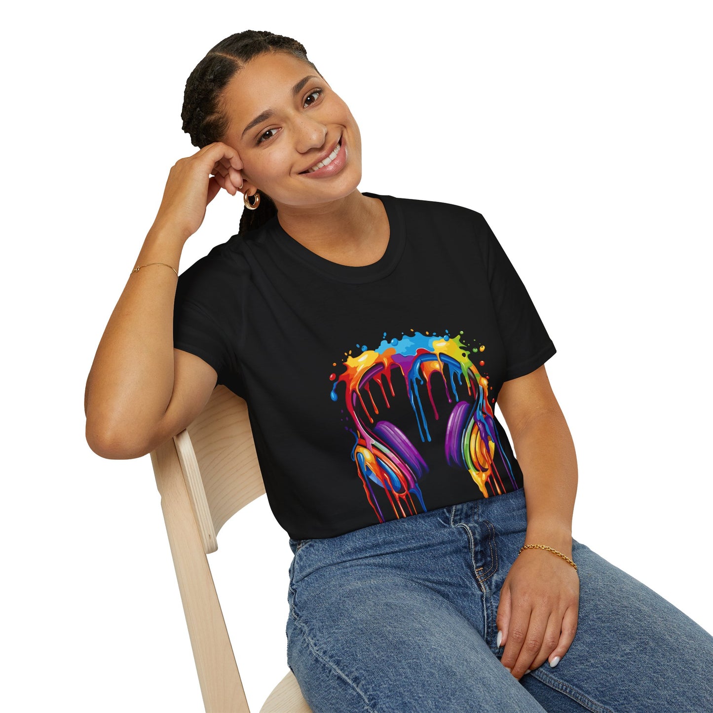 Vibrant Paint Splash Headphones, Unisex Softstyle T-Shirt design #1