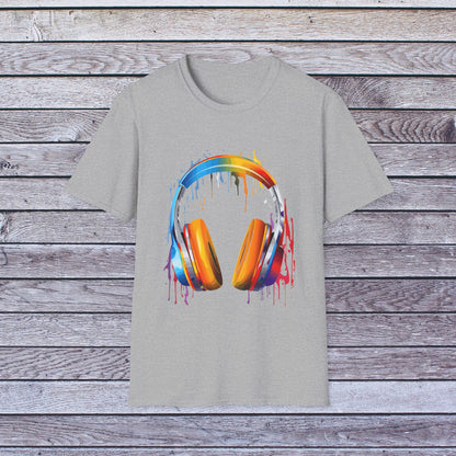 Vibrant Paint Splash Headphones, Unisex Softstyle T-Shirt design #8