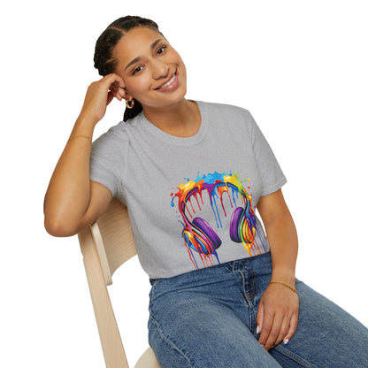 Vibrant Paint Splash Headphones, Unisex Softstyle T-Shirt design #1